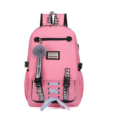 Pink Canvas Backpack Women School Bags For Teenage Girls Preppy Style