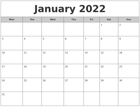 January 2022 Free Monthly Calendar