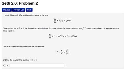 Solved A Bernoulli Differential Equation Is One Of The Form
