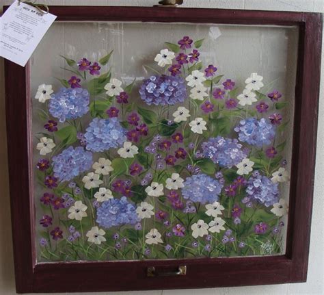 Hand Painted Floral Window ~ Purples Window Crafts Painting On Glass Windows Painted Window Art