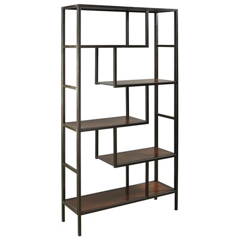 5 Shelves Asymmetric Design Bookcase With Metal Frame Brown And Black