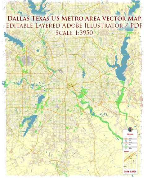 Dallas Texas Us Map Vector Metro Area Accurate High Detailed City Plan