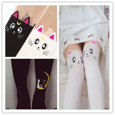 Japanese Anime Fake Thigh High Tights Sailor Moon Cosplay 20th Anniversary Luna Cat Pattern