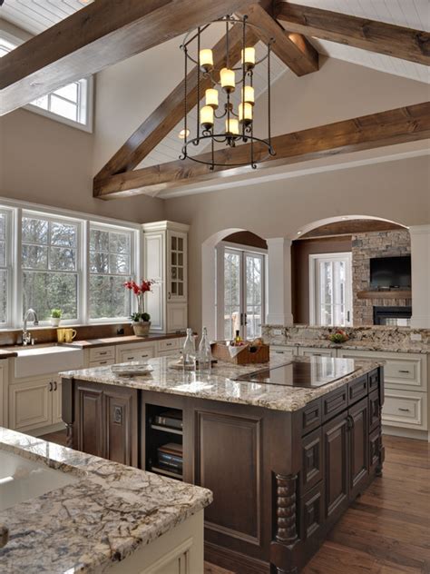Beautiful Two Tone Kitchen With Vaulted Ceiling Beams