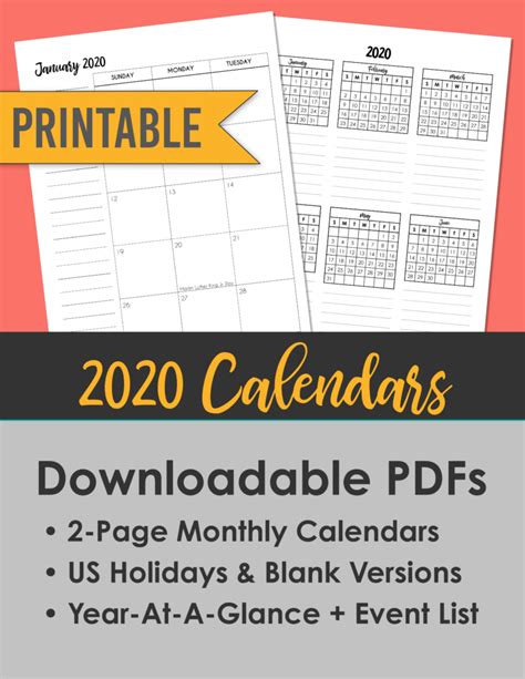 2020 Monthly Calendars Year At A Glance Brush Lettering With Month
