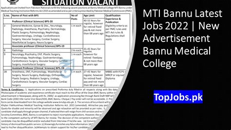 MTI Bannu Latest Jobs 2022 New Advertisement Bannu Medical College