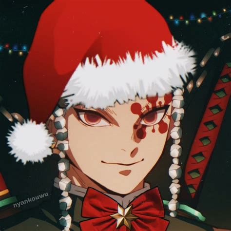 An Anime Character Wearing A Santa Hat And Red Bow Tie With Christmas Lights In The Background