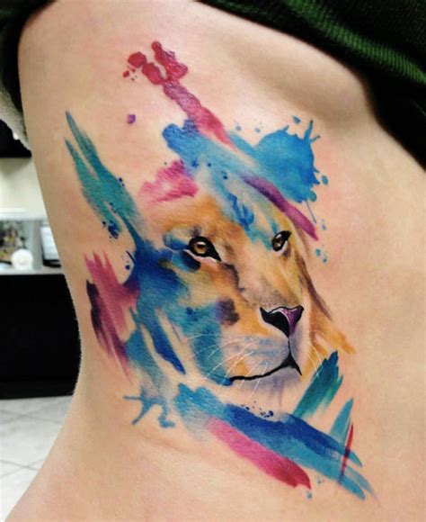 Watercolor Lion Tattoo On Side Tattooimagesbiz