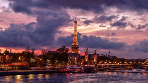 Desktop Wallpaper Eiffel Tower Night City Paris Clouds Lights Hd