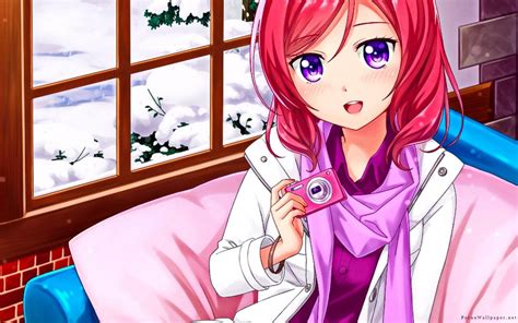 Wallpaper Anime Girls Snow Love Live Smiling Pink Hair Nishikino Maki Purple Eyes