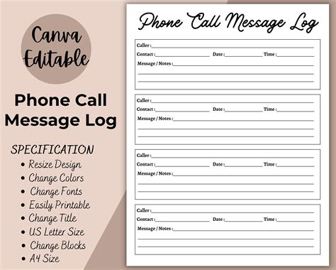 Phone Call Message Log Editable Fillable Telephone Template Etsy