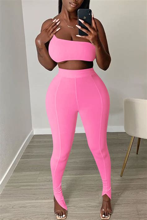 Pink Sexy Casual Solid Backless Strapless Sleeveless Two Piecestwo Piece Pants Set