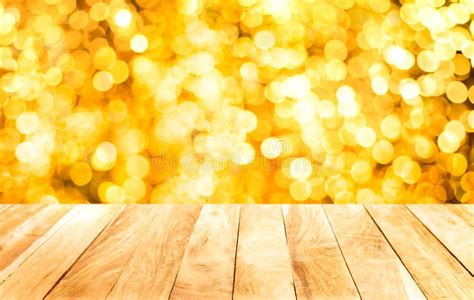 Empty Of Wood Table Top With Blurred Light Gold Bokeh Abstract Stock