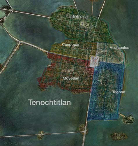 Map Of Tenochtitlan The Aztec Capitol And Present Day Mexico City In