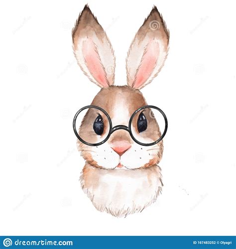 Watercolor Portrait Cute Rabbit With Glasses Stock Illustration