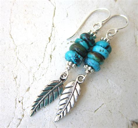 Genuine Turquoise Earrings Southwest Silver Feather Dangle Etsy