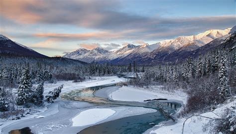 Nature Landscape River Snow Winter Mountain Forest Pine Trees Cold Frost Alaska