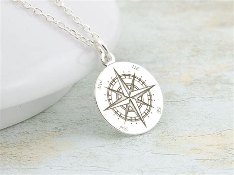 Silver Compass Necklace Sterling Compass Pendant Necklace Etsy