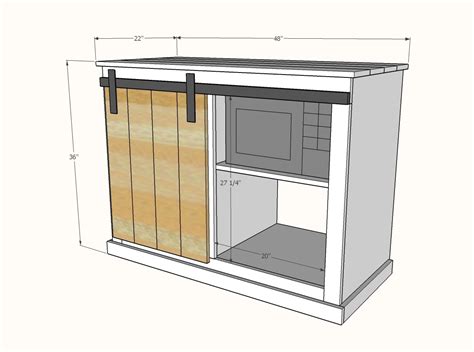 This nifty cabinet will surround the mini fridge adding three drawers and two cabinets with shelves on either side if the fridge cabinet is too wide for the space, one side drawer/cabinet can be omitted shortening the width by about 12″. Barn Door Cabinet with Mini Fridge and Microwave | Ana White