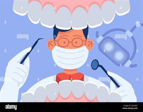 cartoon dentist in mask examining open mouth of patient doctor with instruments looking at