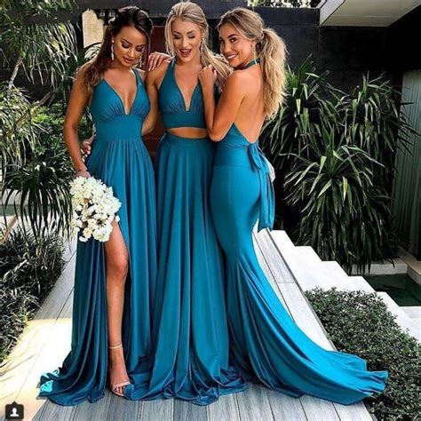 2019 New Style Bridemaid Dresses Robe Demoiselle Backless With Slit Turquoise Blue Chiffon V