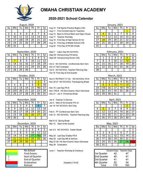 20202021 School Calendar Omaha Christian Academy