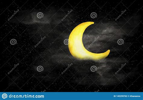 Black And White Of Night Sky With Crescent Moon And Stars