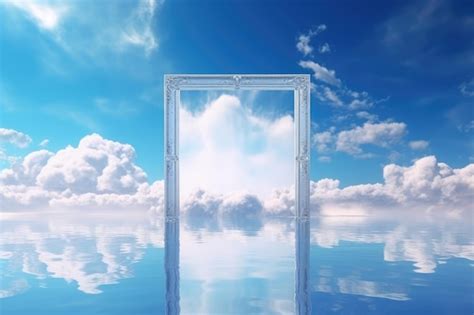 Premium Ai Image Door In The Sky With Clouds Reflected In Water