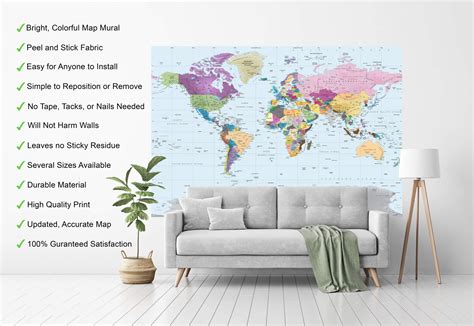 Academia Maps Colorful World Map Mural Large 62x42 Inch Self Sticking
