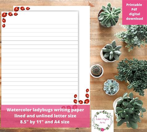 Red Ladybugs Writing Paper Printable Stationary Lined And Etsy