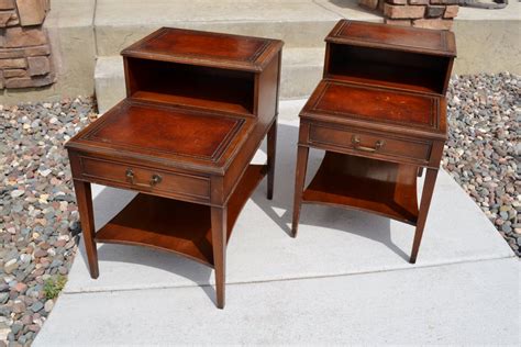 Pair Of Vintage Mahogany Leather Top Step End Tables By Chalksolot