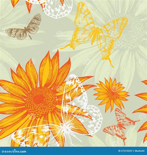 Seamless Pattern With Sunflowers And Butterflies Stock Vector