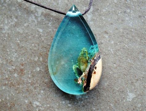 Resin Wood Necklace Sea Green Drop Pendant Moss Necklace Etsy Wood