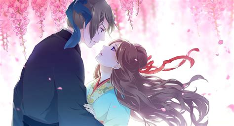 Anime Couple Love Girl Boy Long Hair Sakura Flower Kimono Wallpaper 1669x900 981919