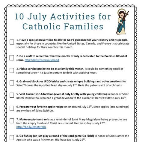 10 July Activities For Catholic Families Free Printable