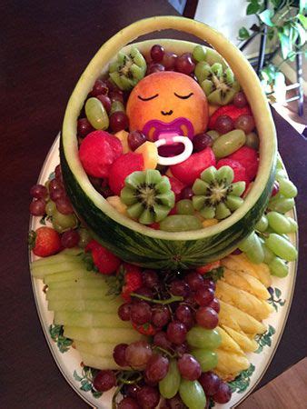 Use a cantalope, blueberries, strawberries, melon, grapes etc. Watermelon baby carrier fruit salad for baby shower by ...