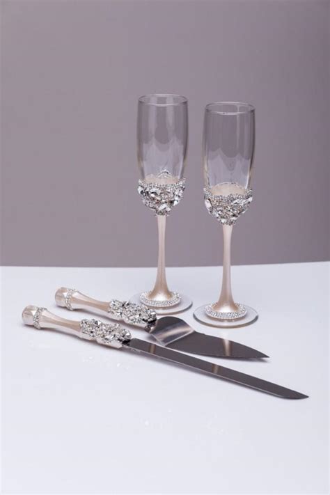 Wedding Silver Glasses And Cake Server Set Cake Knife Silver Bride And