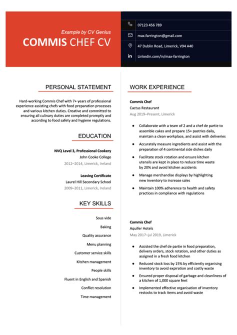 Commis Chef Cv Example And Template Free Download