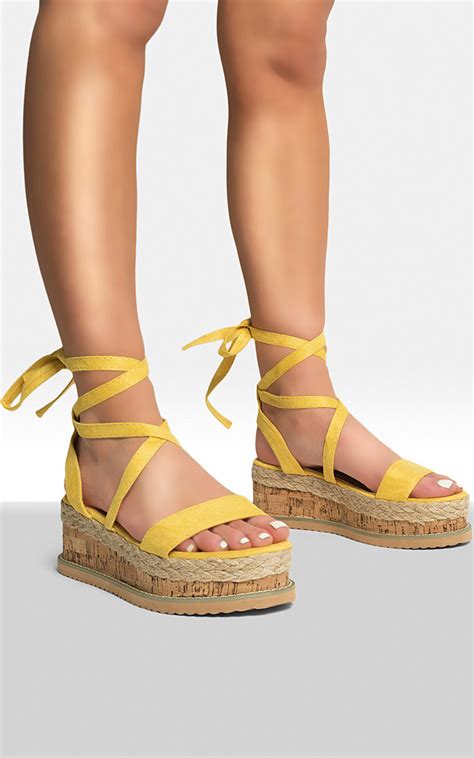 Paula Flat Wedge Lace Tie Up Platform Sandals In Yellow Ikrush