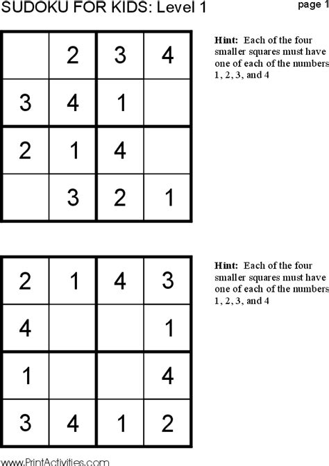 Free Kid Sudoku Puzzle Level 1 Page 1 Sudoku Sudoku Puzzles Math