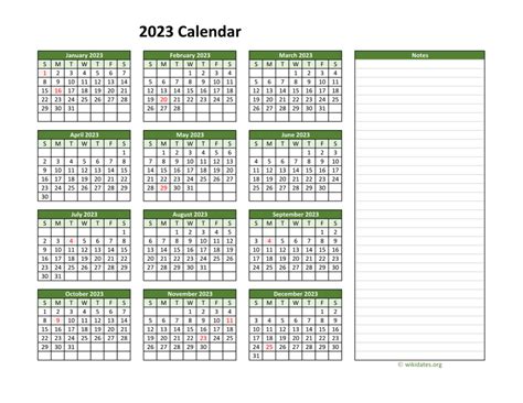 Yearly Printable Calendar 2023 With Notes