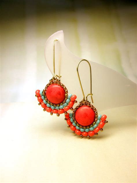 Coral Turquoise Seed Beads Dangle Brass Hook Earrings Seed Bead Jewelry