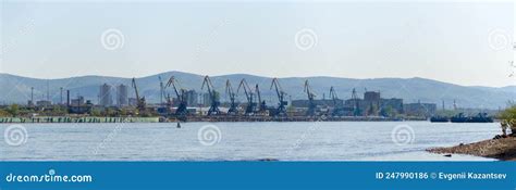 Panorama River Yenisei Siberia Port Docks In The City Of Krasnoyarsk