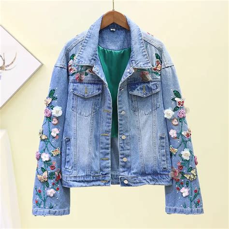 Floral Embroidery Denim Jacket Coat Spring Autumn Long Ripped Flower