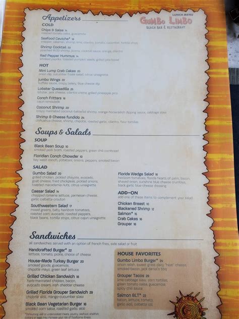 Menu at Gumbo Limbo pub & bar, Naples, 280 Vanderbilt Beach Rd
