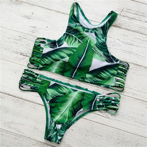 Swimsuits Padding Green Printed Bikinis Set Swimwear Bathing Suits