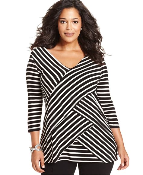 Ny Collection Plus Size Three Quarter Sleeve Striped Tiered Top Tops Plus Sizes Macys