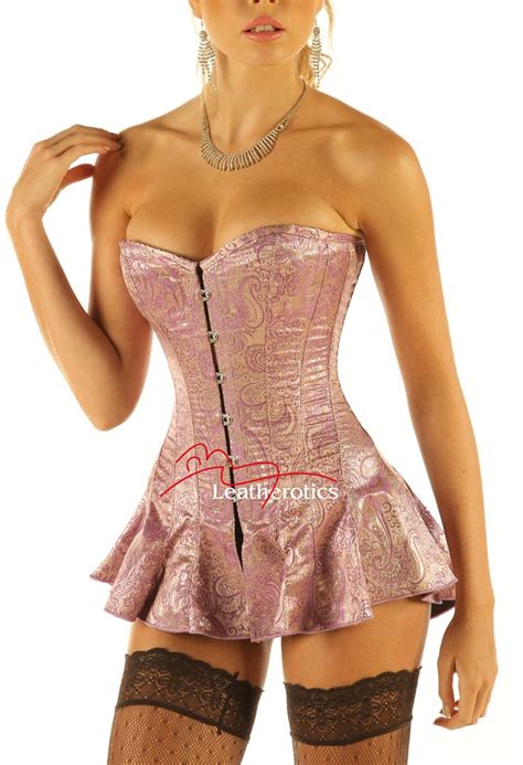 Corseted Satin Skirt Overbust Corset Delicate Paisley Pink Corset With Skirt Overbust