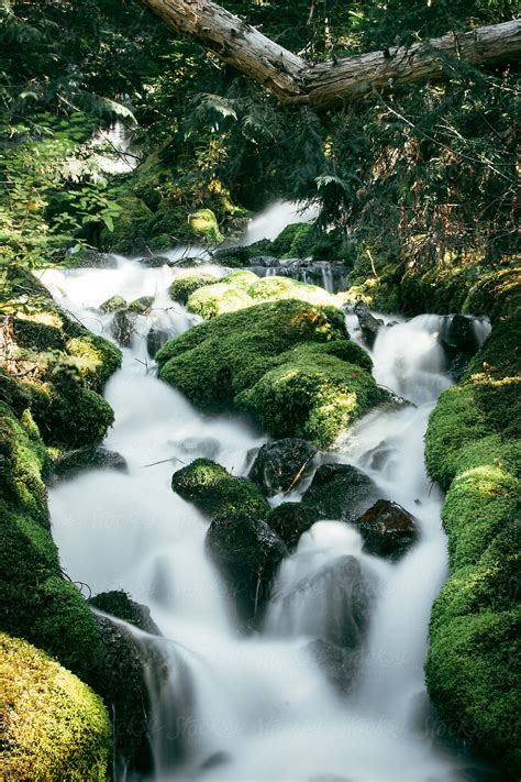 Flowing Waterfall Over Mossy Boulders In Green Forest By Stocksy