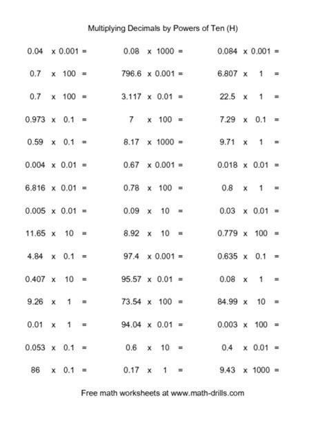 Multiplying Decimals By Powers Of Ten H Worksheet For 4th Grade